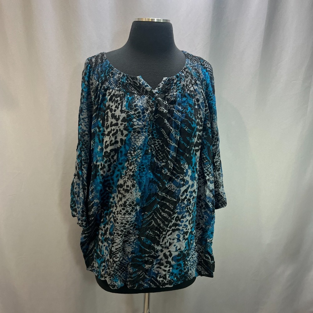 Faded Glory Smocked Tunic Blouse Womens 2X Blue Rayon Snake Print Side Slit